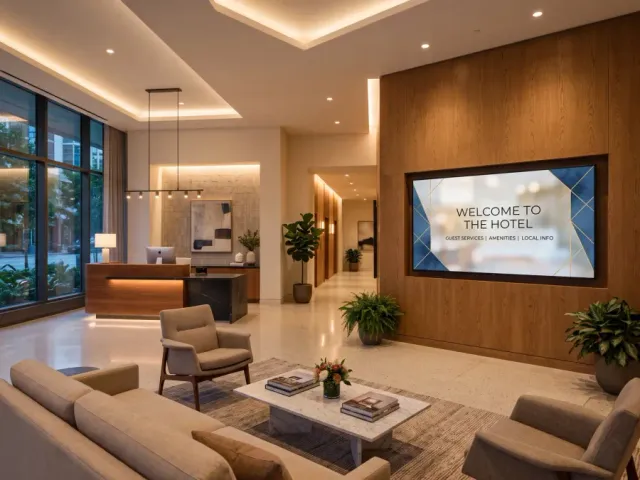 Recepție de hotel cu televizor comercial montat pe perete, deasupra unei console minimaliste.