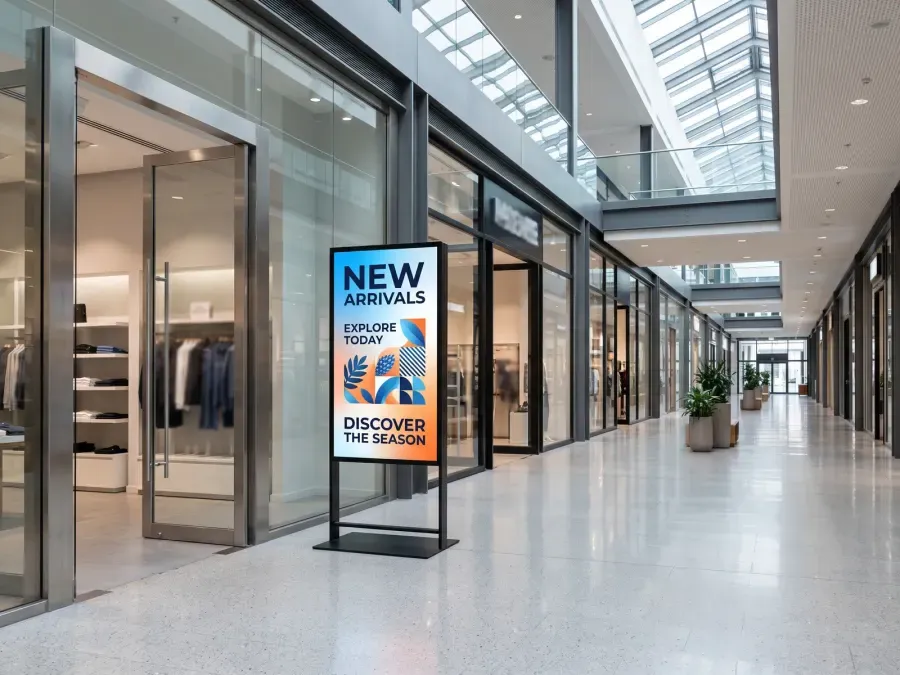 Coridor de mall cu display digital signage vertical afișând conținut promoțional.