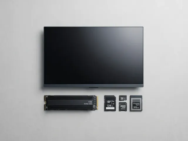 Monitor, SSD și carduri de memorie așezate pe un birou, în plan apropiat.