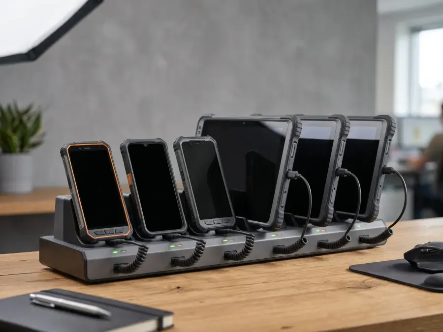 Tablete și telefoane mobile aliniate într-o stație de încărcare de birou.