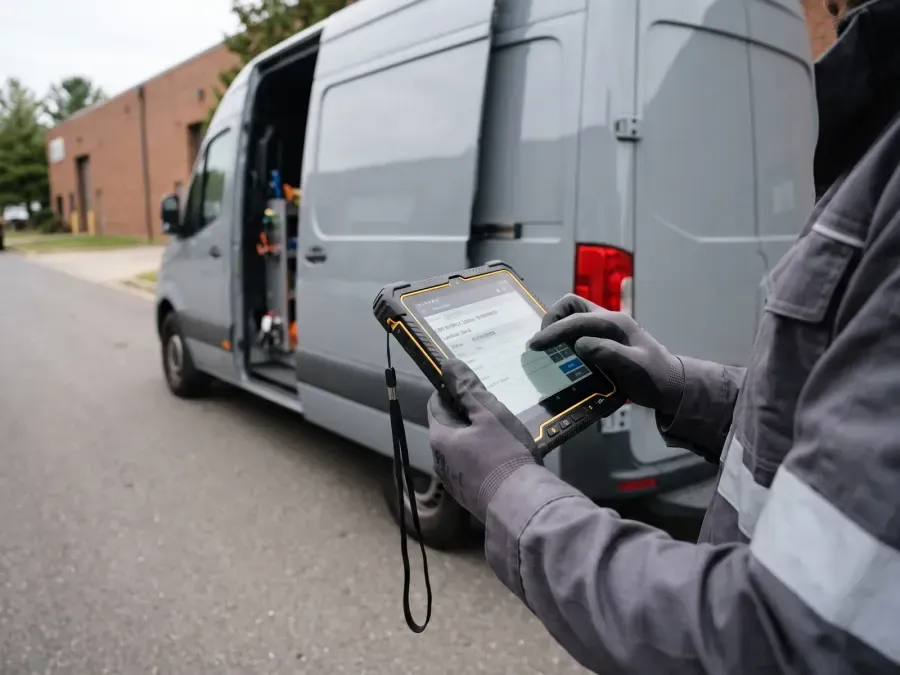 Tehnician ținând un terminal mobil rezistent, în teren, lângă o dubă de livrare.