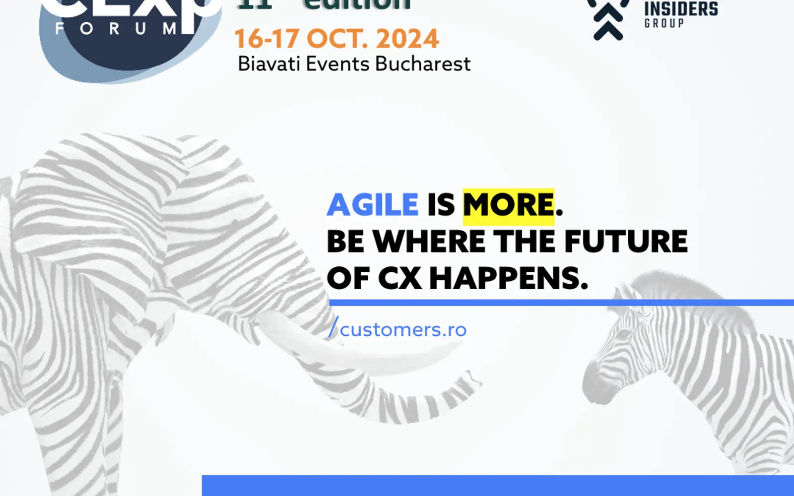 Grafică oficială CExp Forum, ediția a 11-a, 16–17 octombrie 2024, Biavati Events București — powered by Marketing Insiders Group.