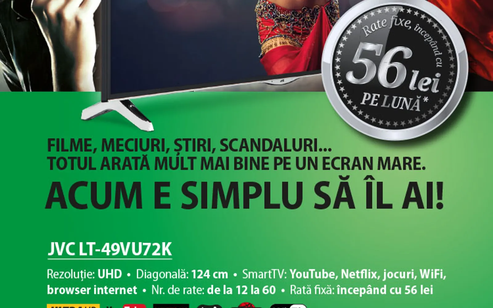 Materiale promoțional de epocă pentru televizorul JVC LT-49VU72K, cu rată fixă de la 56 lei/lună prin Cetelem, alături de siglele Bright Distribution și JVC.